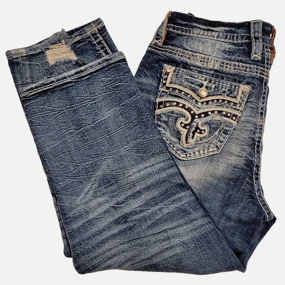 ROCK REVIVAL Arona Easy Crop Swarovski Embellished Pocket Distressed Jeans NWOT - Picture 5 of 13